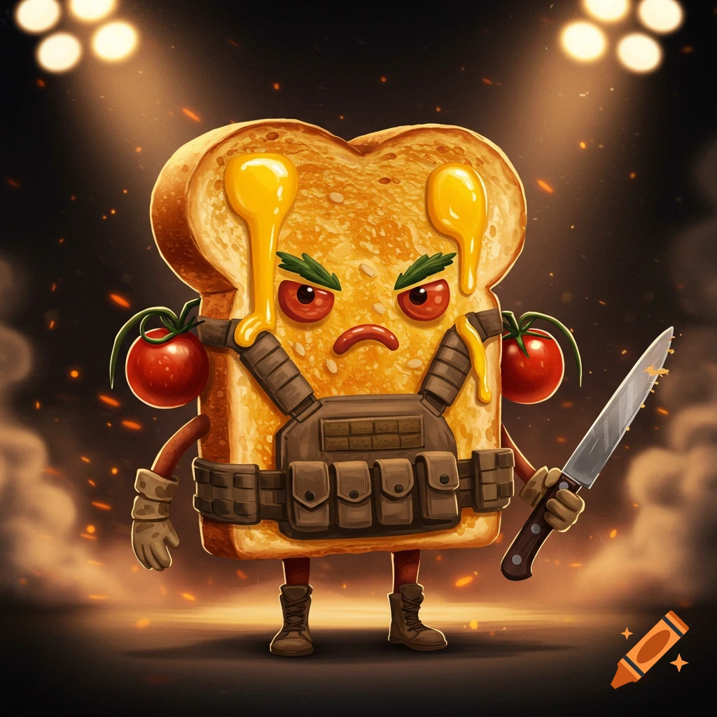 An angry, cartoonish slice of toast, wearing a tactical vest and combat boots, with melted cheese dripping like eyes and two small tomatoes as grenades, holds a knife under spotlights.