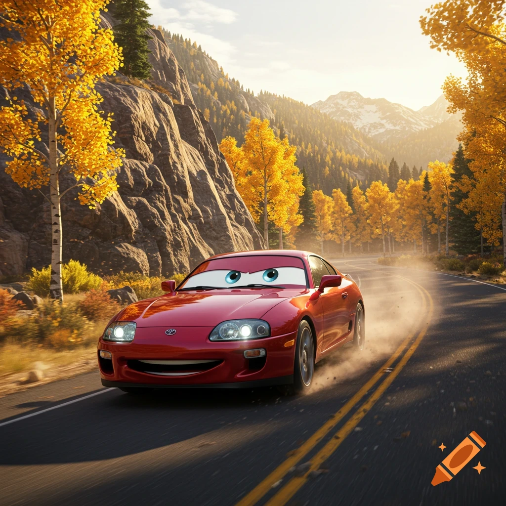 A red Toyota Supra sports car with large blue cartoon eyes drives on a winding mountain road lined with vibrant yellow autumn trees and distant snowy peaks under a sunny sky.