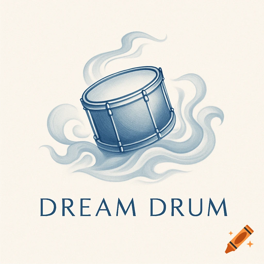 An illustrated logo featuring a blue drum floating on blue smoke, above the words DREAM DRUM on a cream background.