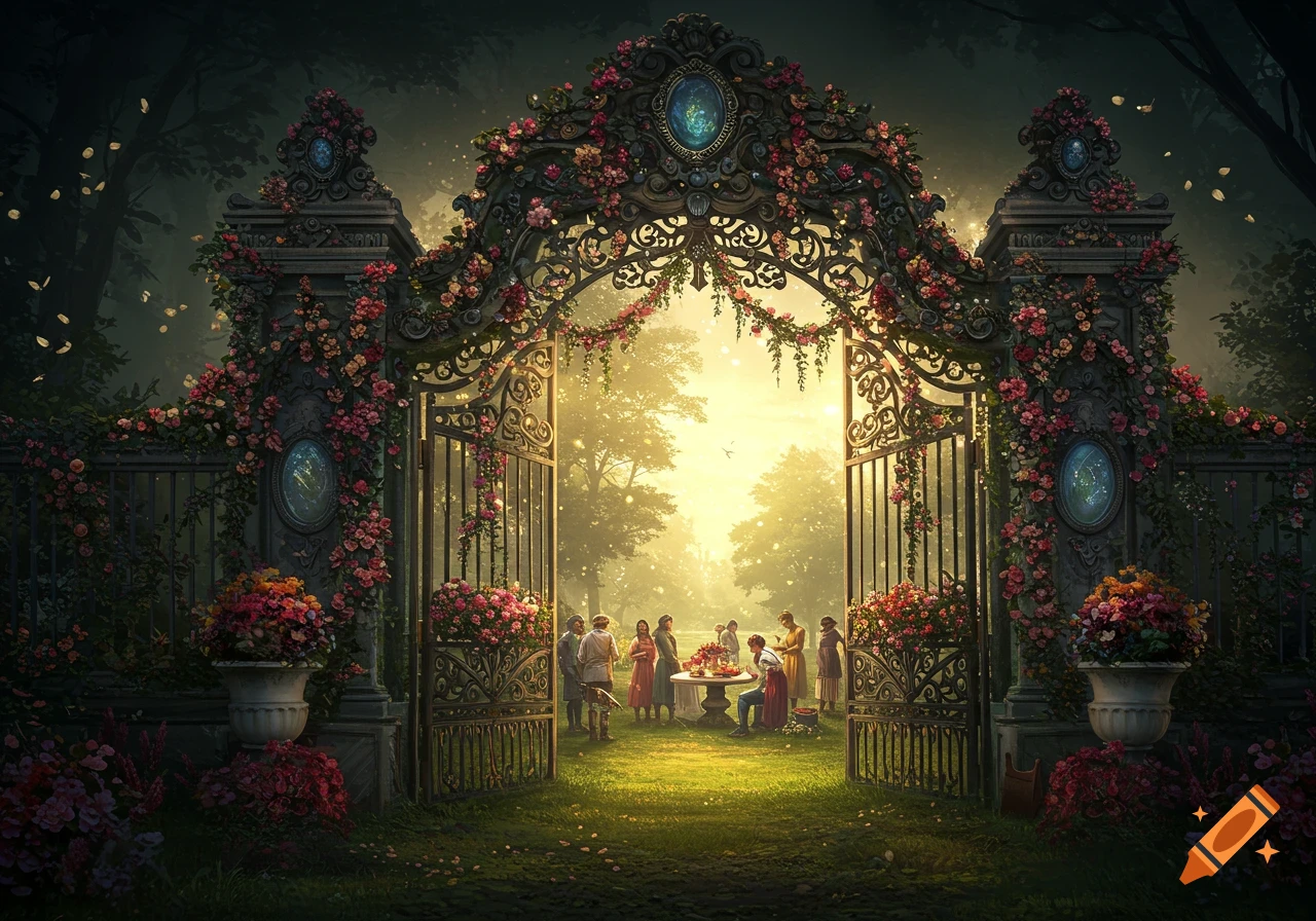 An ornate, baroque gate covered in red flowers opens to a sunlit, enchanted garden where people gather.