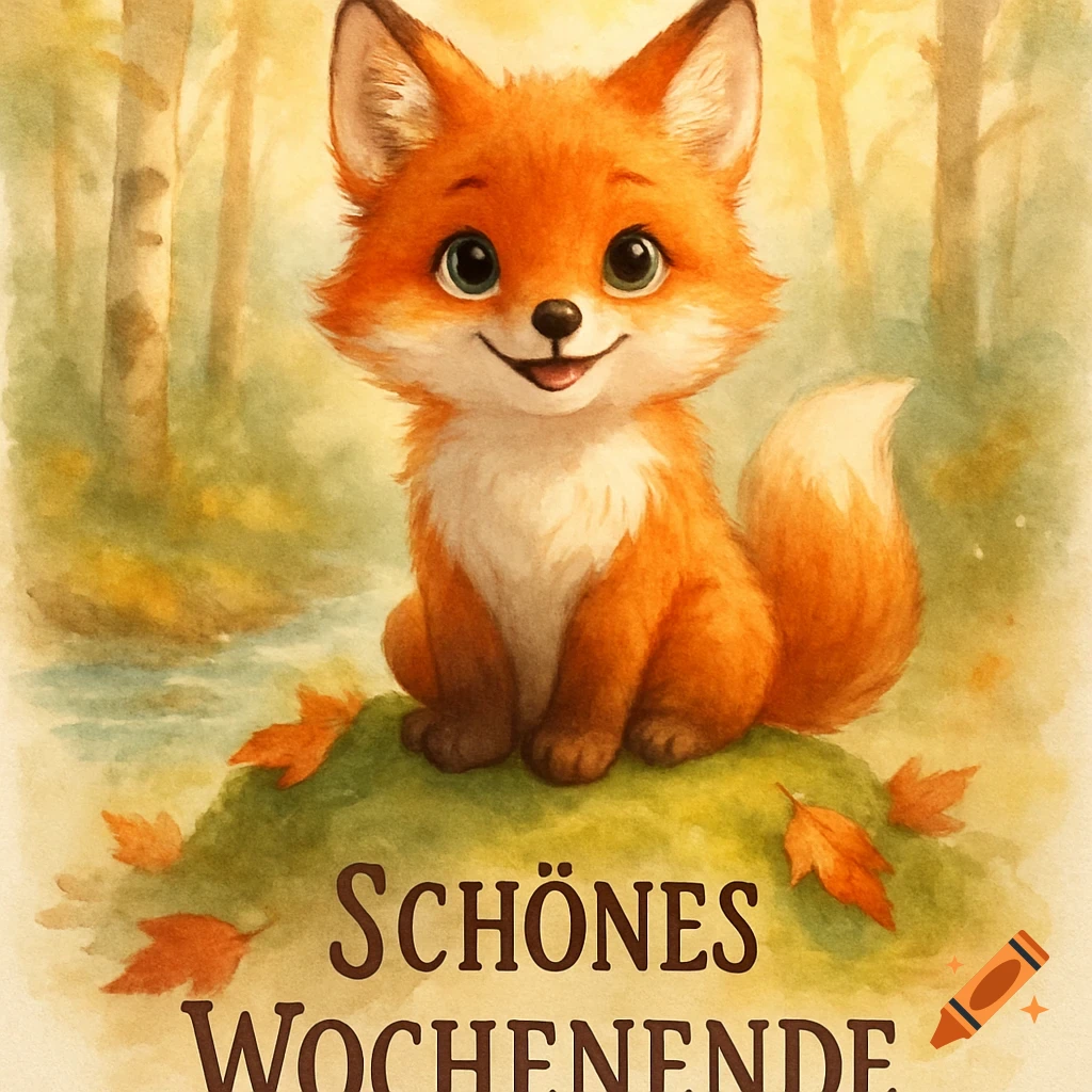 A cute, smiling watercolor fox sits in an autumnal forest with the German text 'Schönes Wochenende' below.