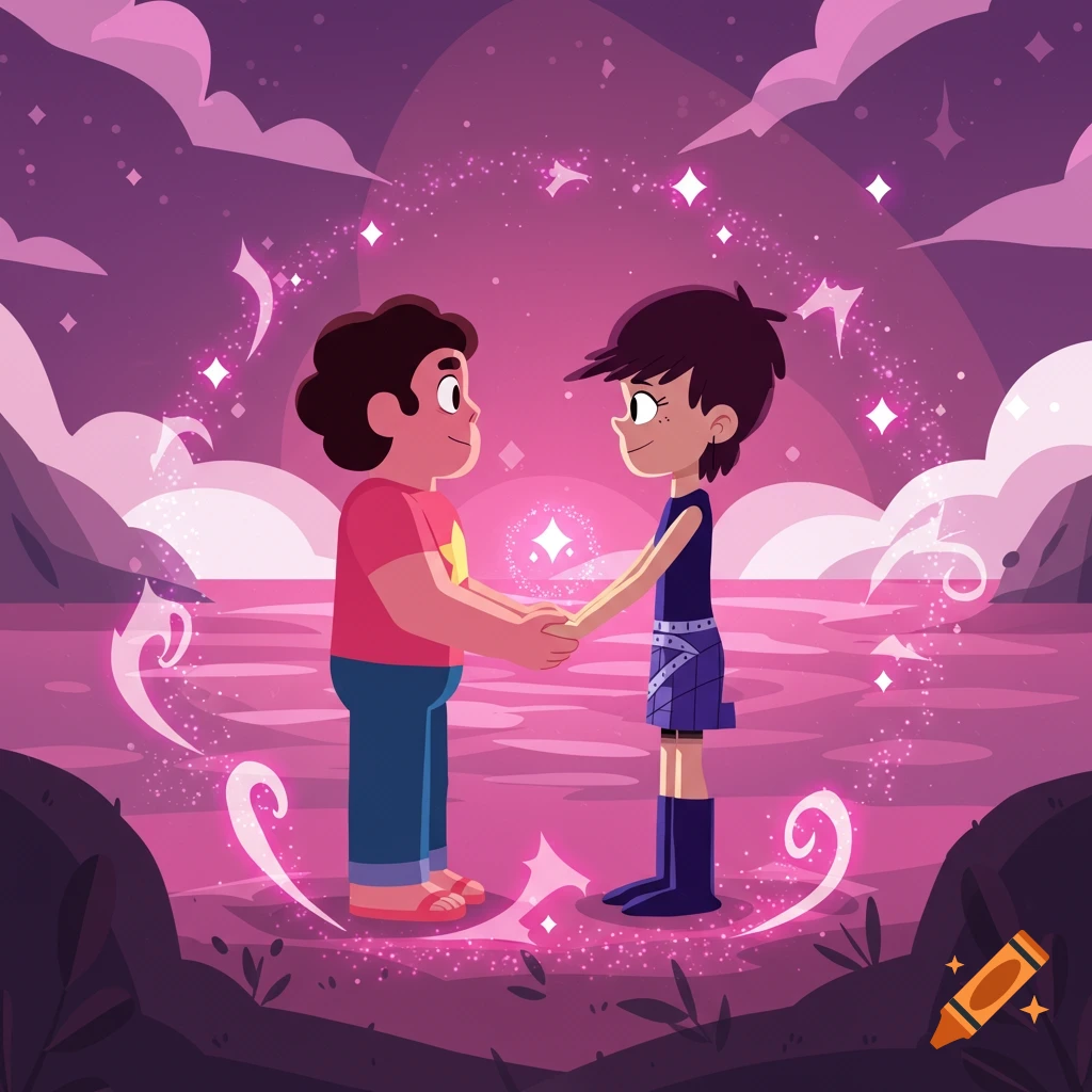 Cartoon illustration of Steven Universe and Luna Loud holding hands in a mystical, glowing pink and purple lake under a cloudy sky.