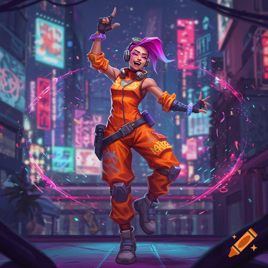 A joyful Raze from Valorant dances in a neon-lit cyberpunk city street, wearing an orange jumpsuit.
