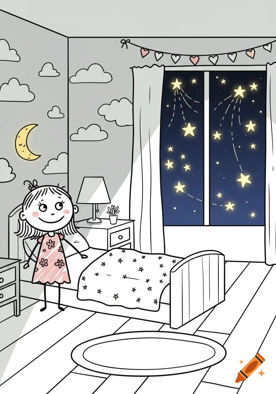 A black and white stick figure drawing shows a little girl standing next to her bed in a bedroom with a night sky and stars visible through the window.
