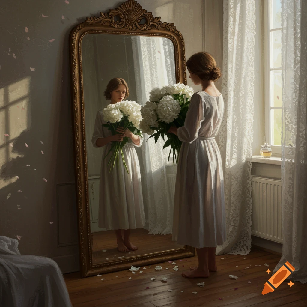 A woman in a white dress stands in a sunlit room, holding a large bouquet of white flowers and looking into an ornate mirror. Flower petals are on the floor.