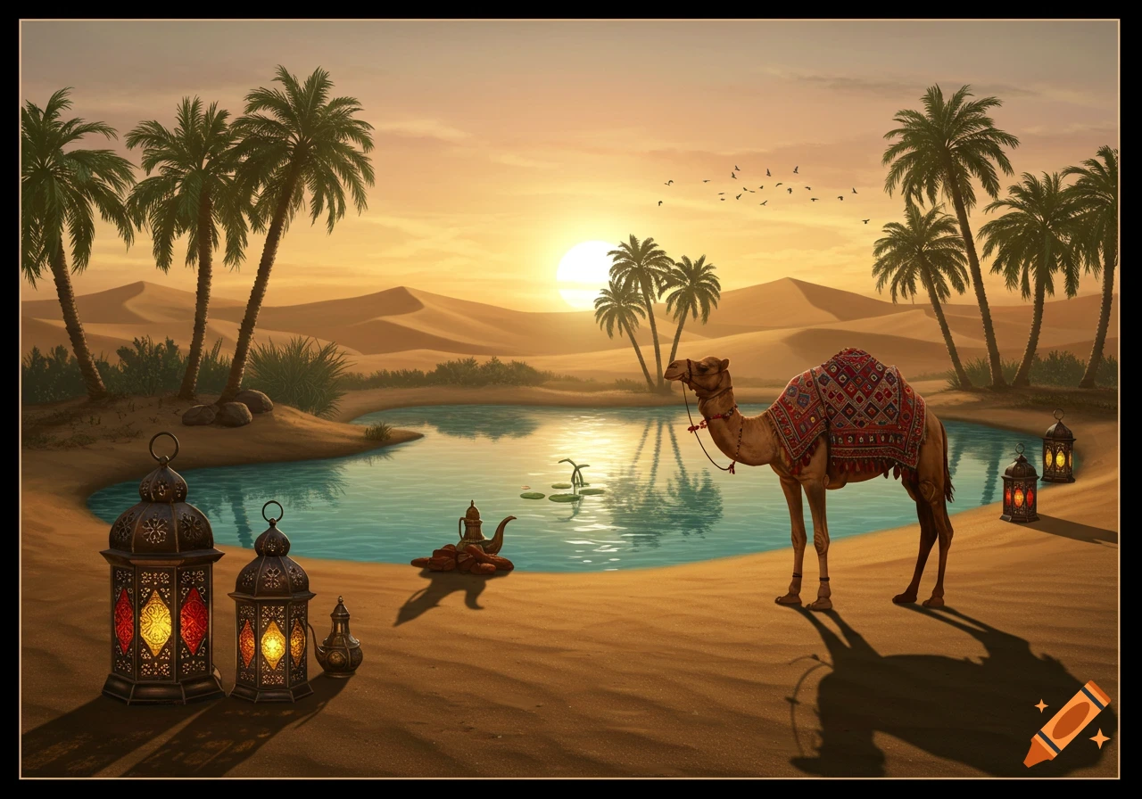 A picturesque desert oasis at sunset with a camel, palm trees, a pond, and lit lanterns on the sand.