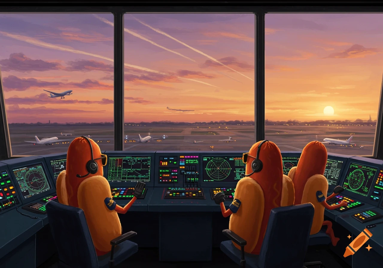 Anthropomorphic hotdogs work as air traffic controllers in a tower, overseeing an airport at sunset.