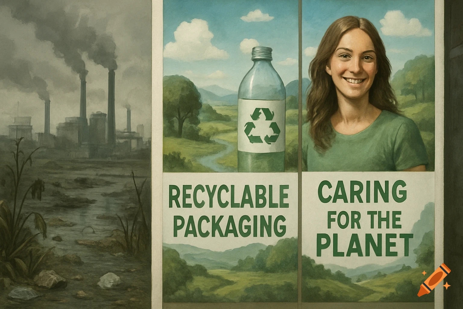 Illustrative image showing a polluted factory next to a bright green advertisement with a smiling woman, a recycling bottle, and sustainability text.