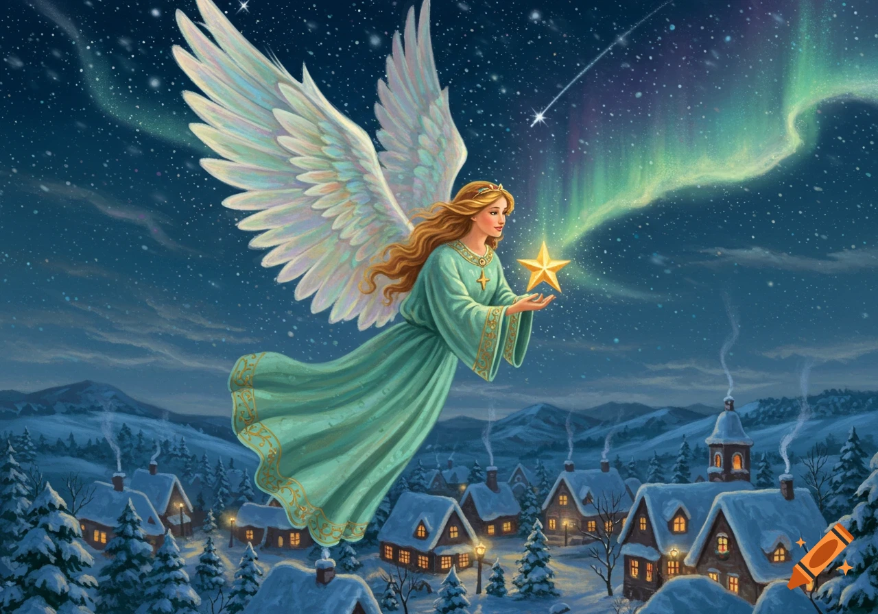 A winged angel in a teal dress flies over a snowy village at night, holding a golden star, under a starry sky with the Northern Lights.
