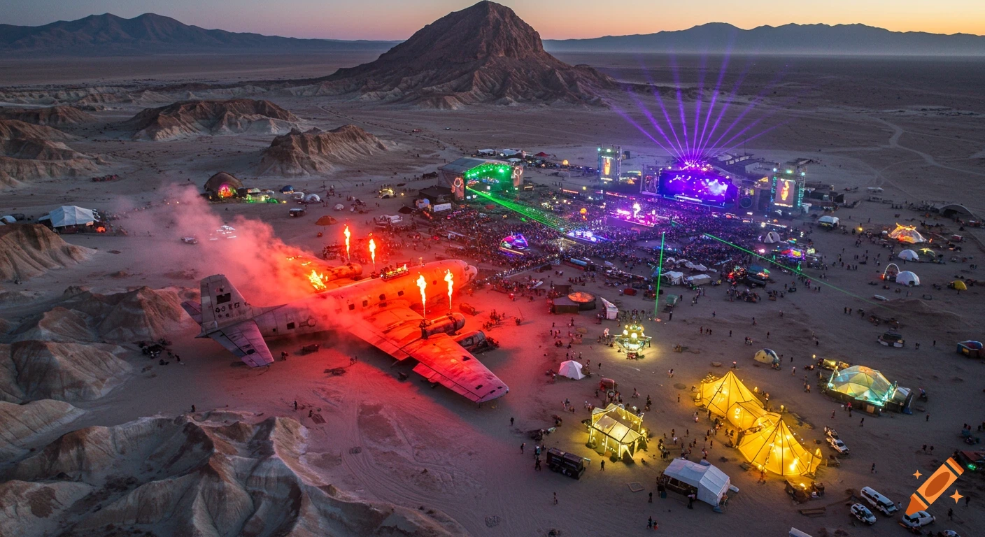 Aerial view of a vibrant desert rave festival at dusk with a burning airplane, stages with laser lights, and numerous tents.