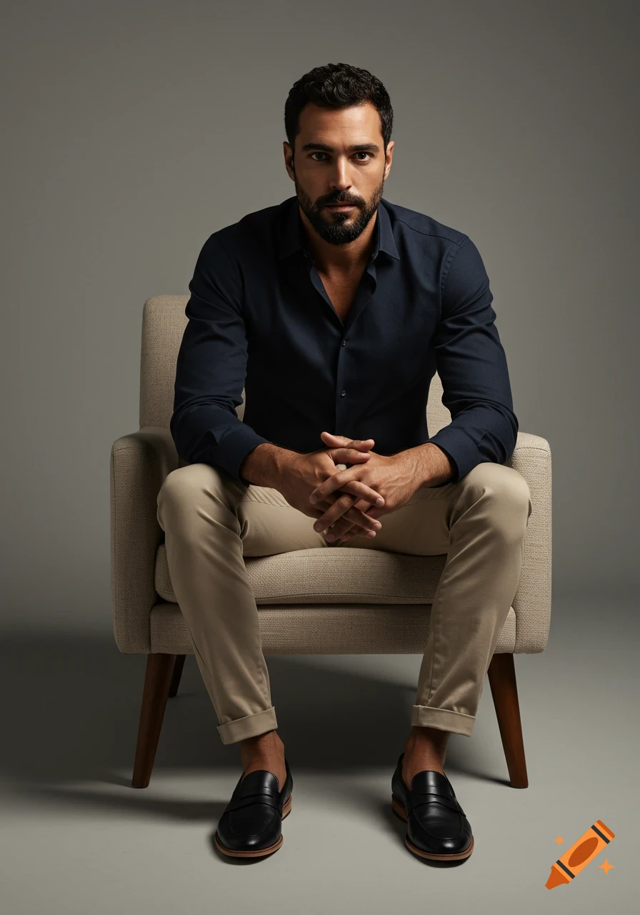 A confident man with a beard sits in a beige armchair, wearing a dark navy shirt, light beige pants, and black loafers, in a photorealistic studio portrait.