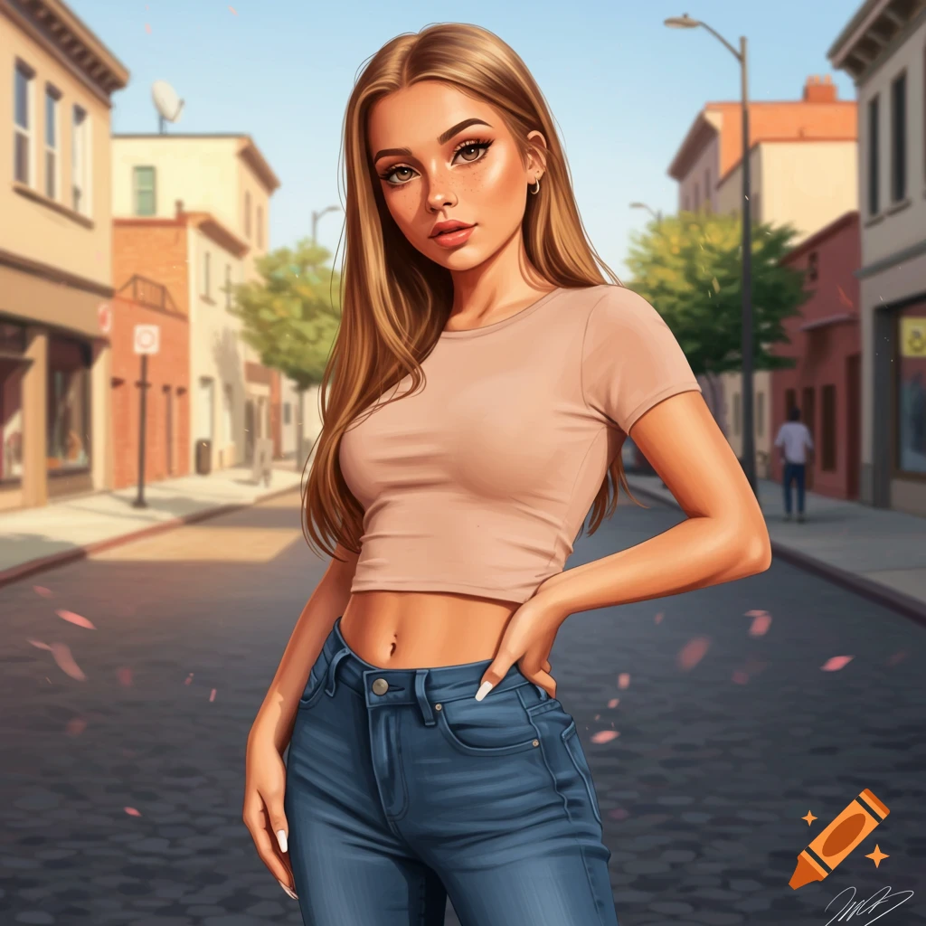 A digitally painted portrait of a young woman with long brown hair, wearing a crop top and jeans, standing on a cobblestone street.