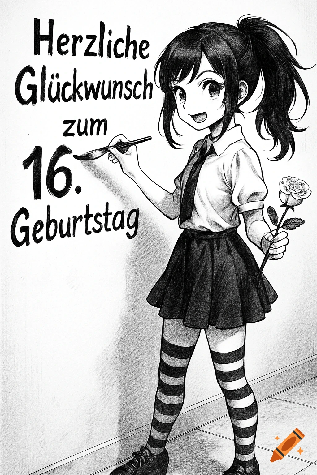 Black and white manga drawing of a smiling girl in a skirt and striped stockings, holding a rose and paintbrush, writing 'Herzliche Glückwunsch zum 16. Geburtstag' on a wall.