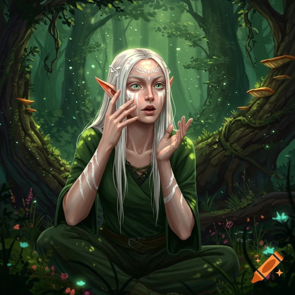 A white-haired female elf with pointed ears and white face paint, wearing a green dress, sits in a magical forest with glowing specks.