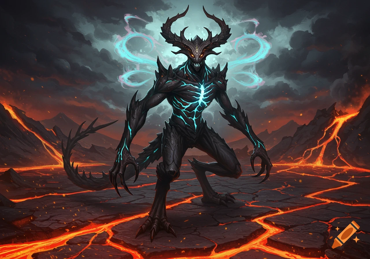 A dark, horned monster with glowing blue veins stands in a volcanic landscape with lava rivers under a stormy sky, fantasy art.