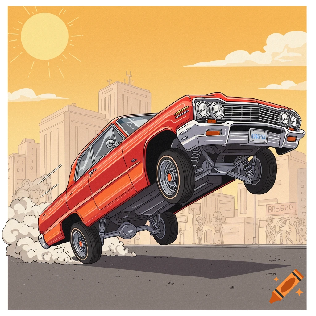 A red cartoon classic car, possibly an Impala, on hydraulics, hopping on its rear wheels and kicking up smoke in a city street.