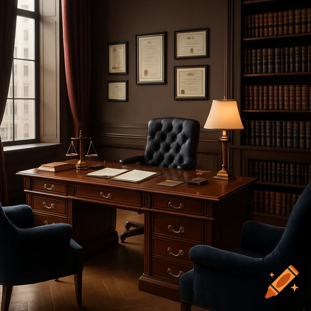 A traditional, elegant lawyer's office with a large wooden desk, a black leather chair, a lamp, scales of justice, framed diplomas, and a full bookshelf.