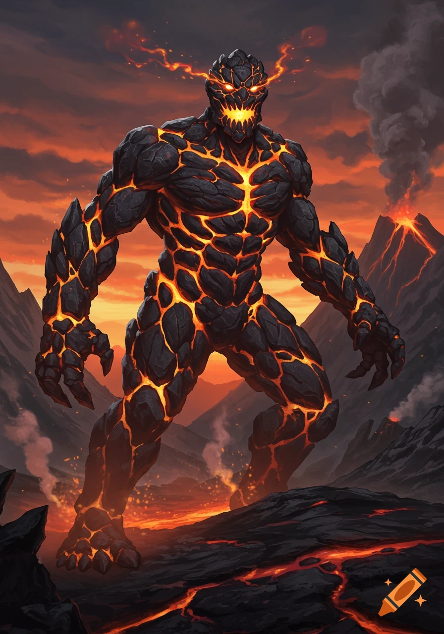 A powerful humanoid lava monster with glowing cracks stands on volcanic terrain under a fiery sky with erupting volcanoes.