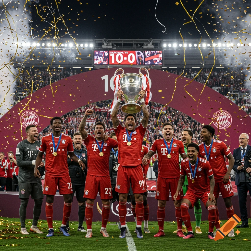 Soccer players in red jerseys celebrate with a large silver trophy under confetti; a scoreboard shows '10-0'.