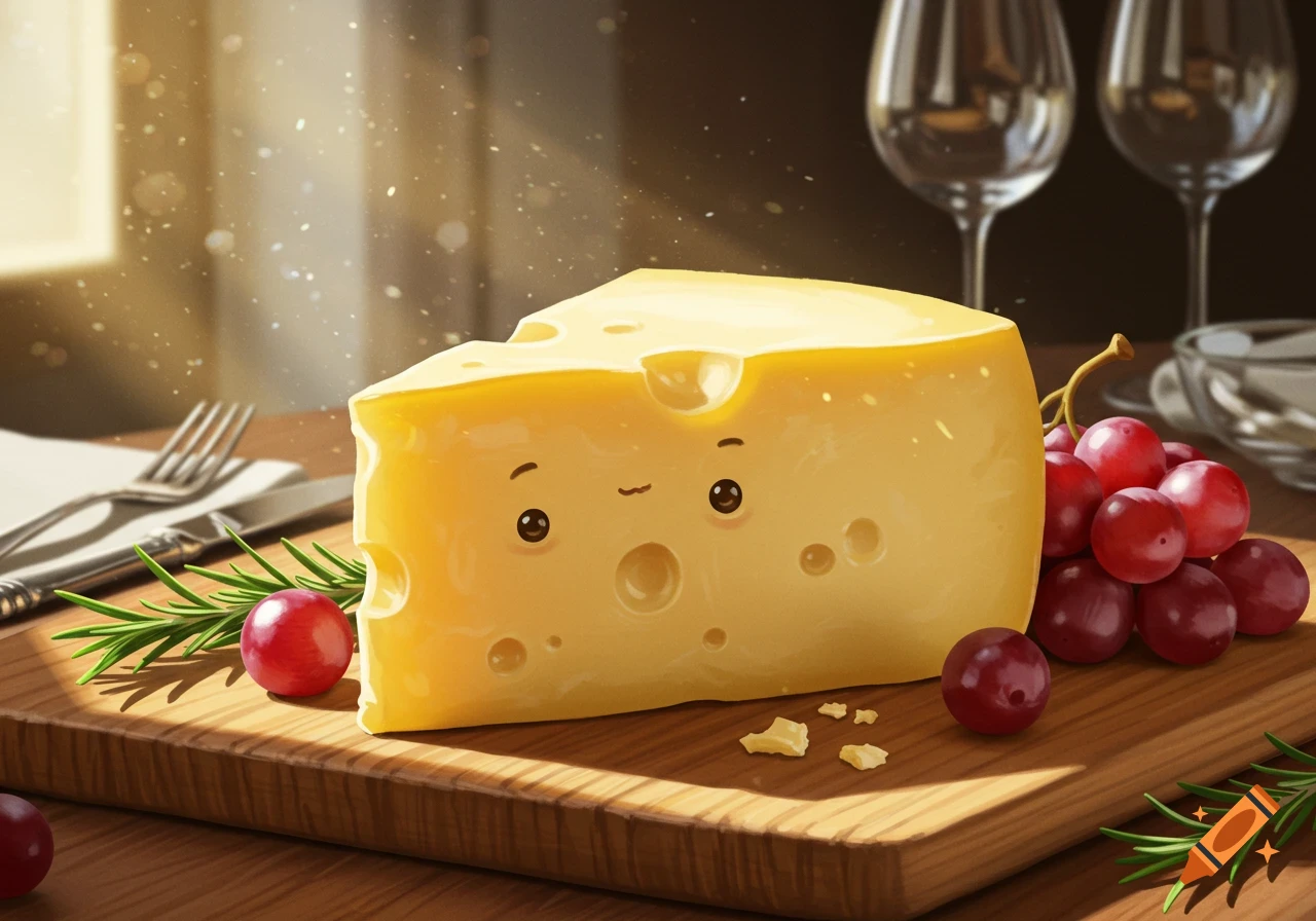 A cartoon slice of cheese with a cute face, grapes, and rosemary on a wooden board, with wine glasses in the background.
