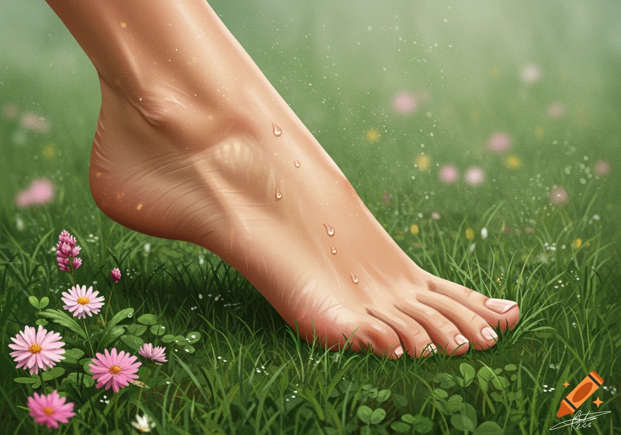 A detailed illustration of a bare female foot with water droplets, stepping on green grass among pink flowers.