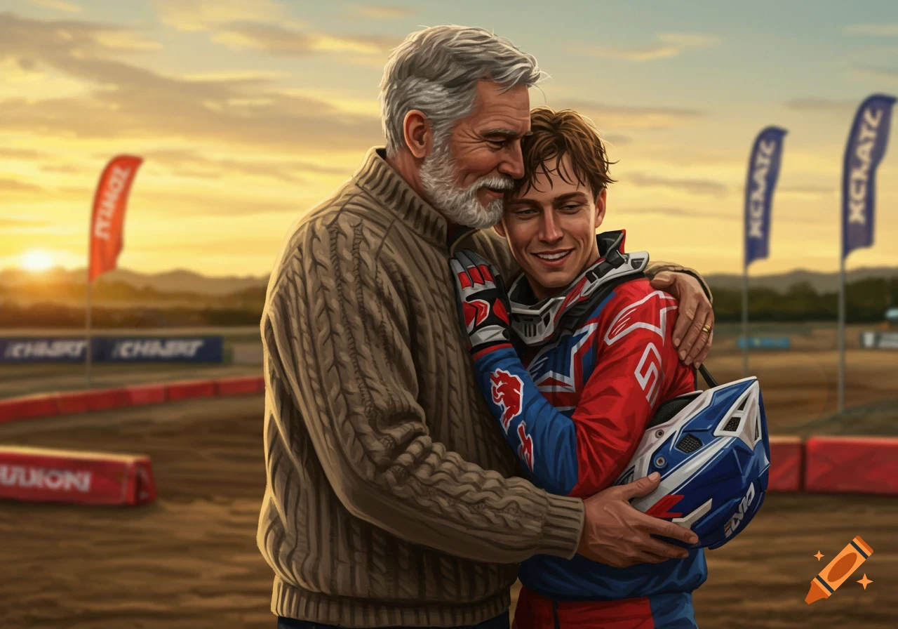 An older man with gray hair embraces a younger man in a motocross suit and helmet at sunset on a dirt track.