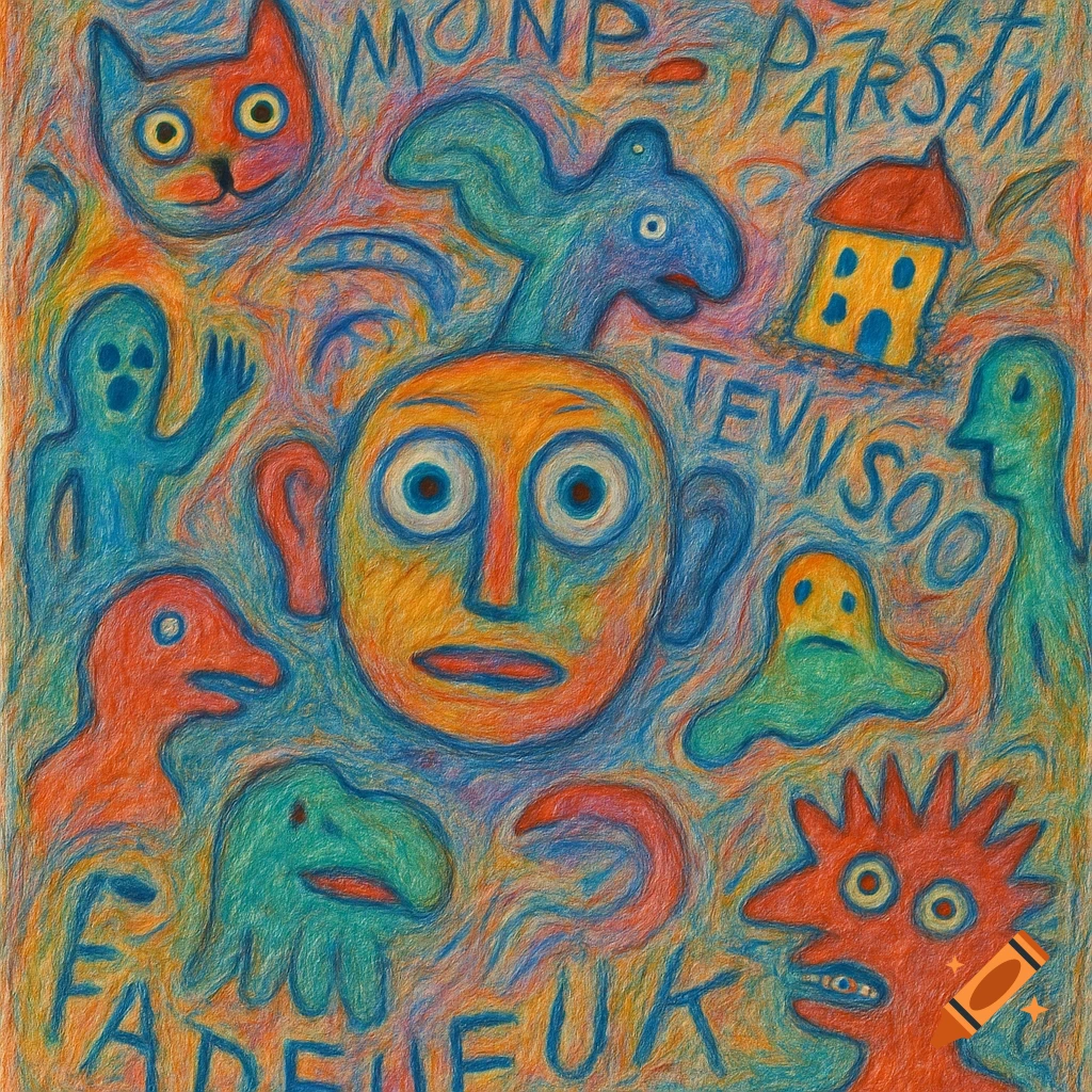 Colorful outsider art with various distorted faces, figures, a cat, and a house, rendered in crayon and gouache with nonsense text.