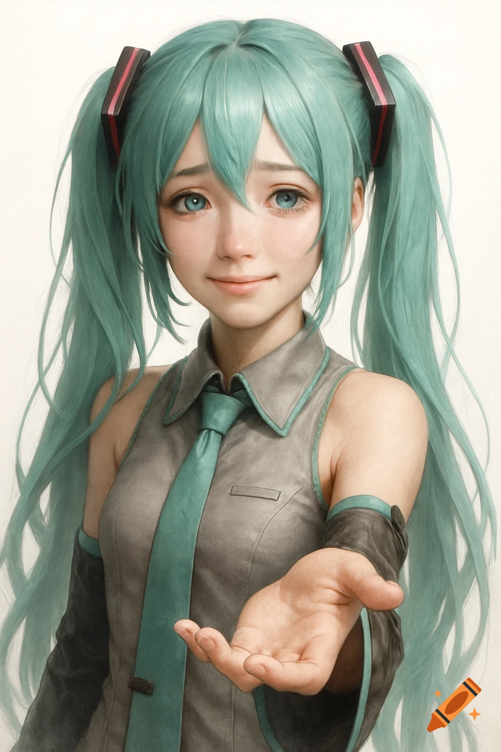 A realistic portrait of Hatsune Miku with teal pigtails, wearing a gray uniform with a teal tie, extending her hand forward with a slight smile.