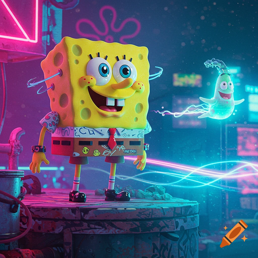 Spongebob and a glowing Patrick in a vibrant neon cyberpunk city scene.