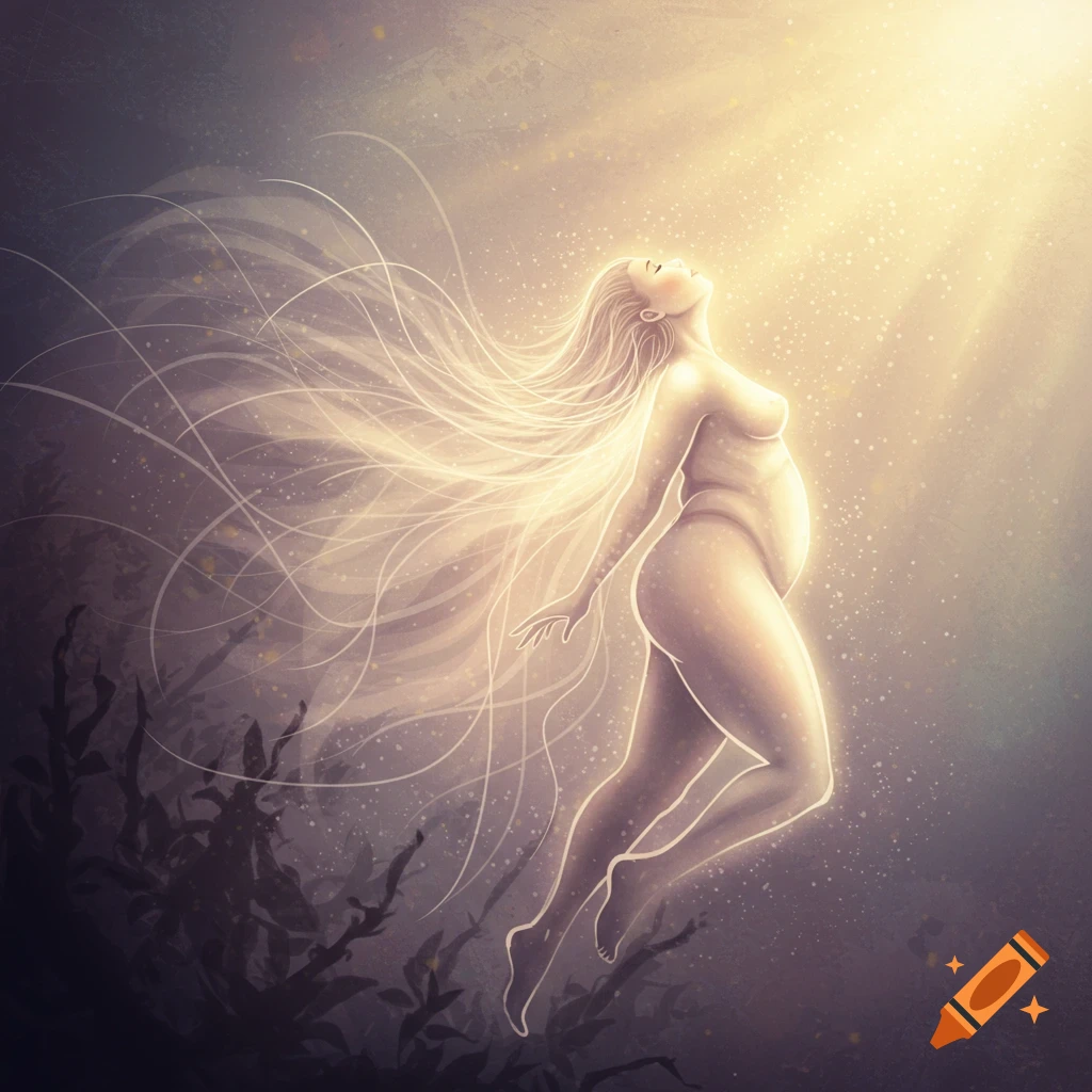 Surreal illustration of a glowing, full-figured woman with long flowing hair floating gracefully upwards into a bright light.