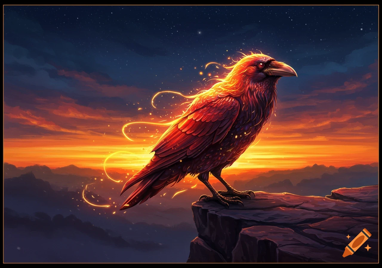 A fiery red raven with glowing feathers perches on a cliff, silhouetted against a vibrant orange and blue sunset sky with stars, digital art.