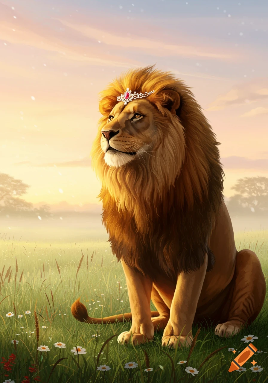 A regal lion wearing a small jeweled crown sits gracefully in a vibrant green field under a soft, golden sunset sky.