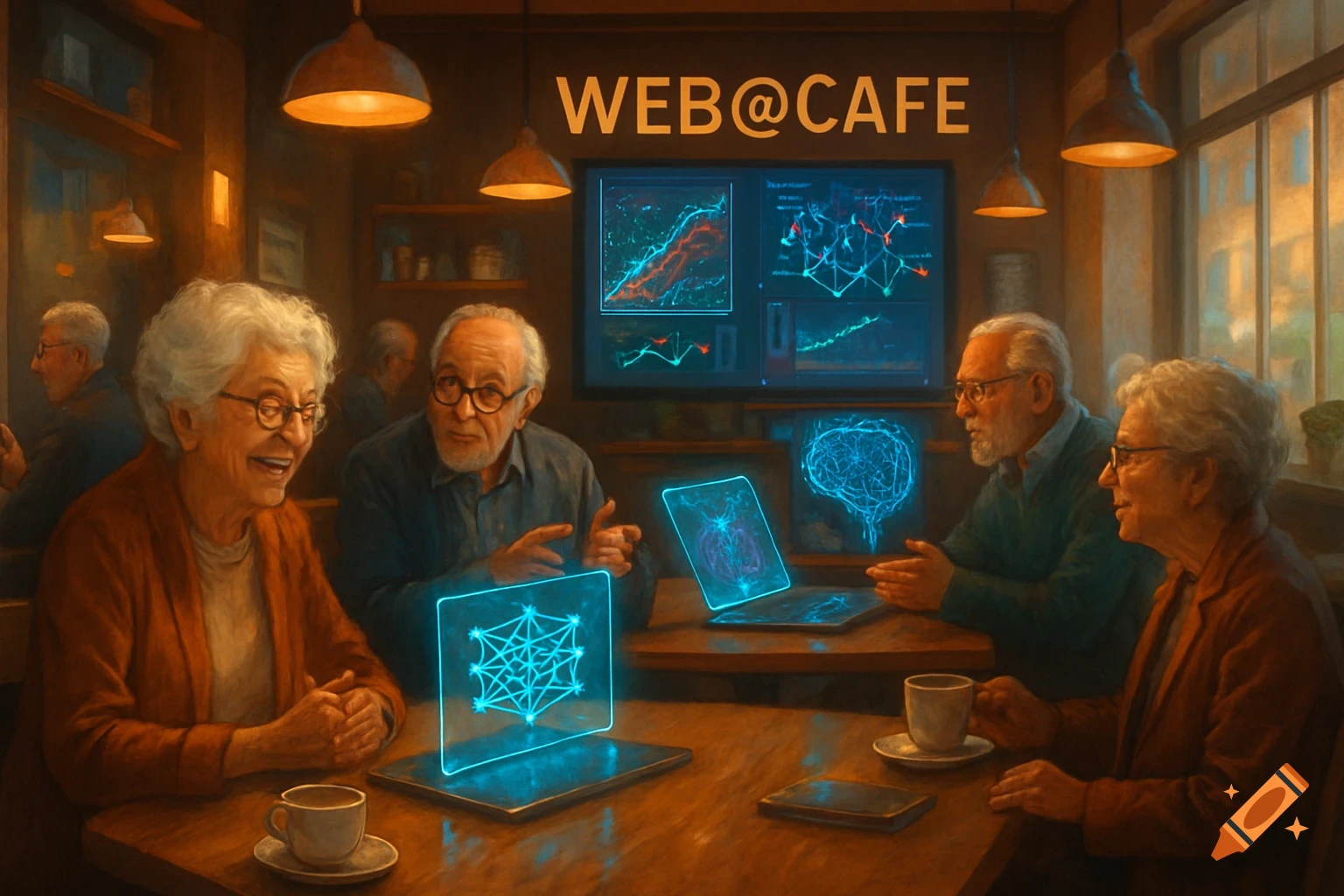 Seniors at Web@Cafe engaging with glowing holographic tech displaying data and brain scans in a painted style.