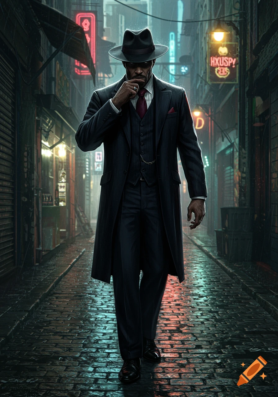 A man in a dark suit and fedora walks down a wet, neon-lit alley in a noir style.
