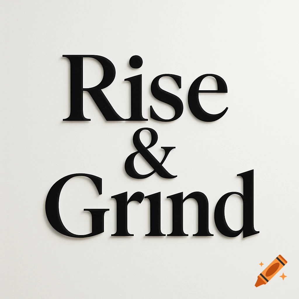 Black serif text 'Rise & Grind' on a plain white background with realistic lighting.
