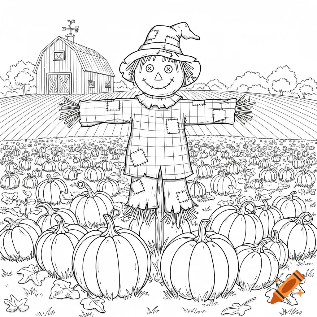 Line art of a friendly scarecrow in a pumpkin patch with a barn and fields in the background.