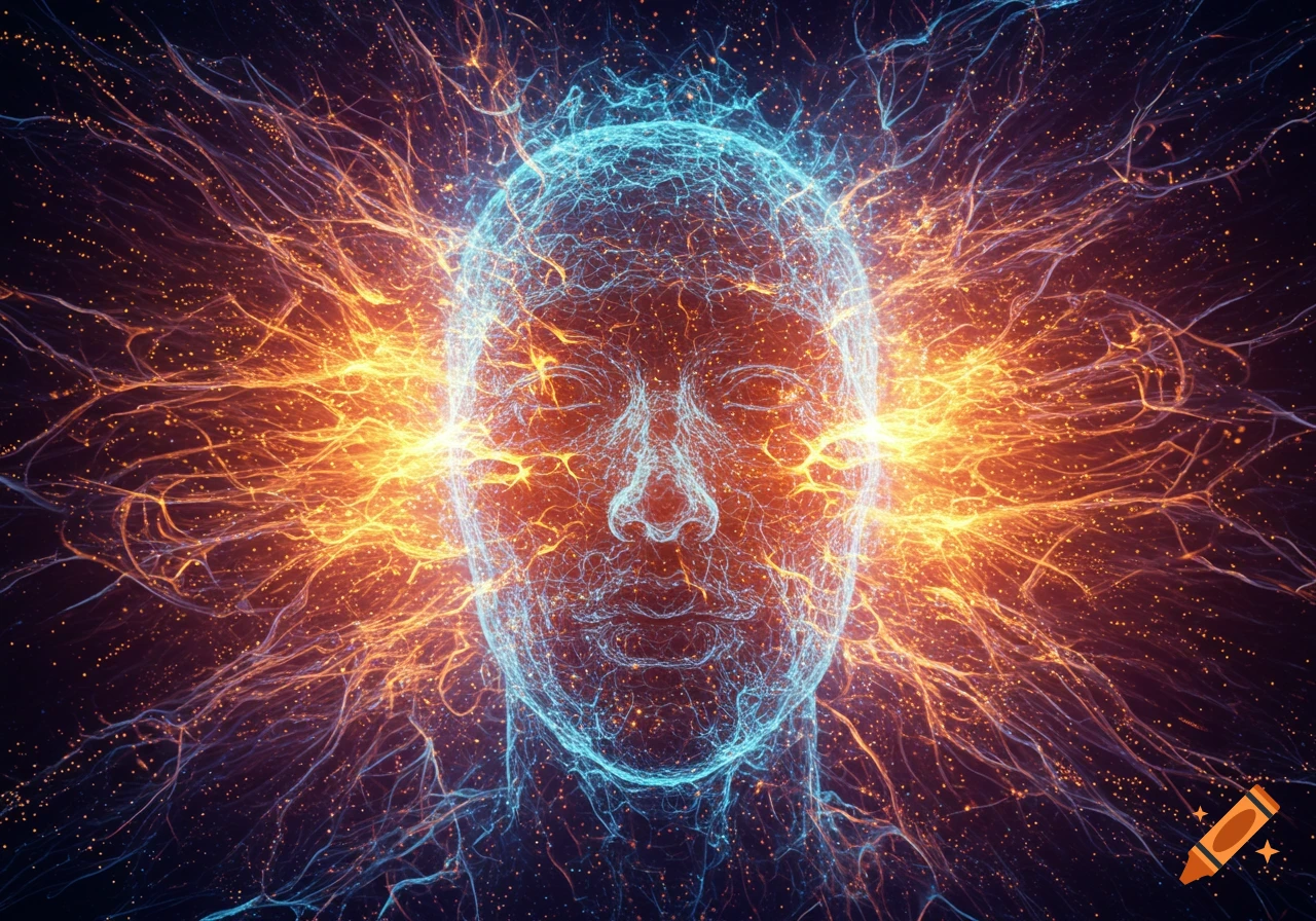 Abstract glowing human head outlined by intricate blue and orange light lines against a dark background, resembling a neural network.