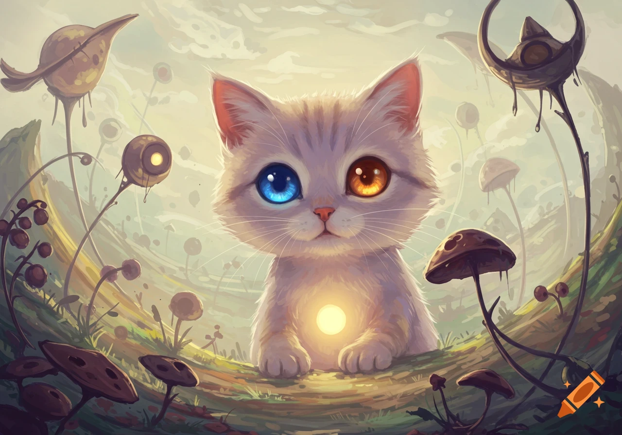A cute white cat with one blue eye and one orange eye sits in a whimsical, surreal landscape with glowing mushrooms and alien-like plants.