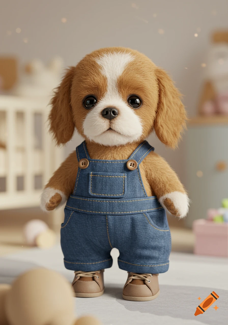 Photorealistic plush toy Charles Spaniel puppy in denim overalls and brown shoes, standing in a room.