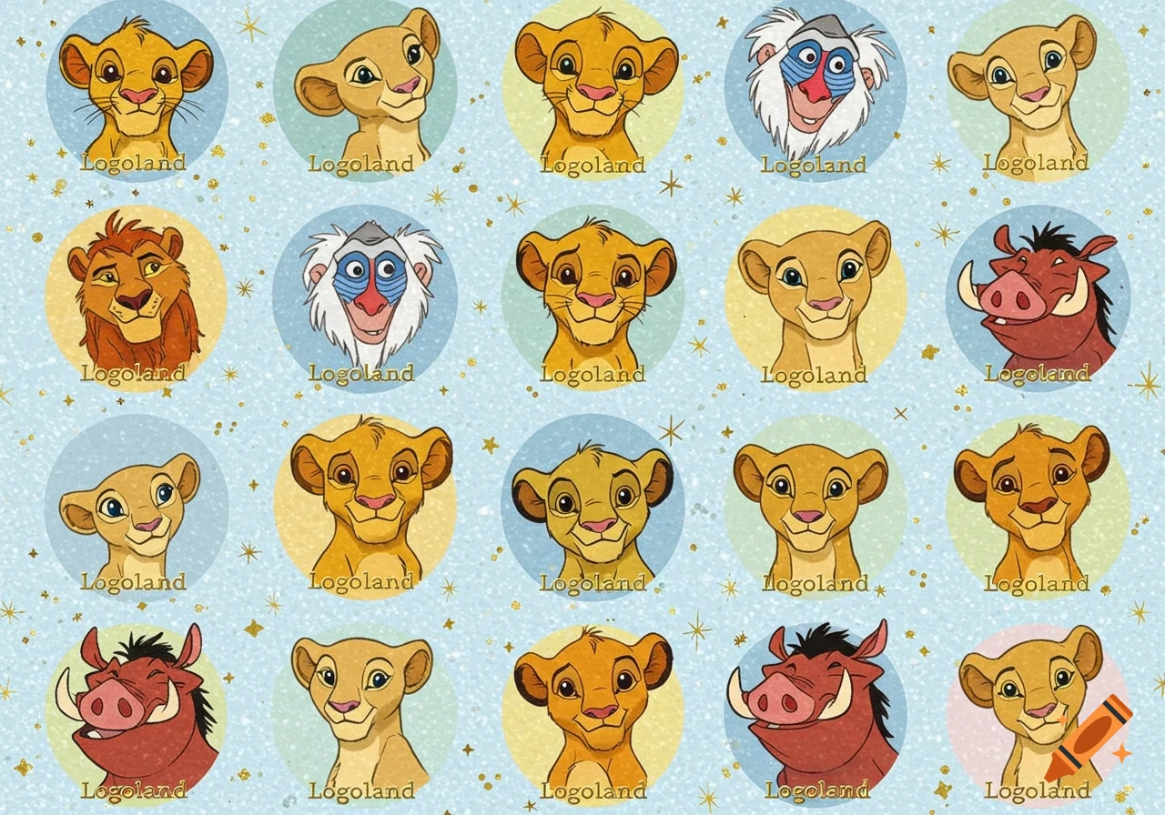 20 watercolor-style circular stickers of Lion King characters like Simba and Pumbaa on a blue glittery background, each labeled 'Logoland'.