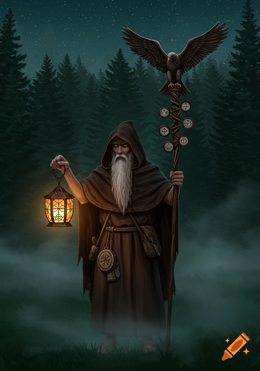 A hooded hermit with a long white beard stands in a dark forest at night, holding a glowing lantern and a staff topped with an eagle.