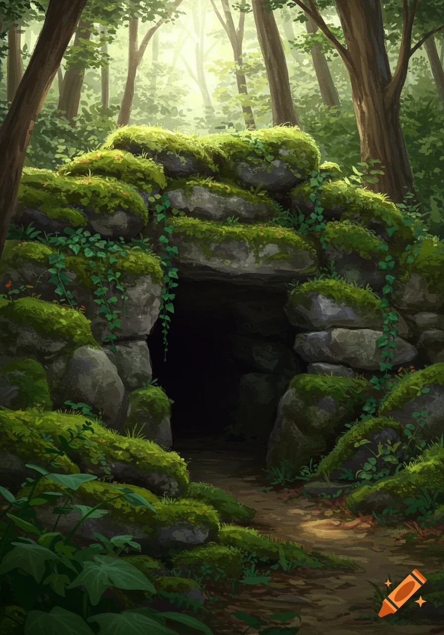 A painterly moss-covered stone cave entrance nestled in a vibrant green, sunlit forest with a path leading inside.