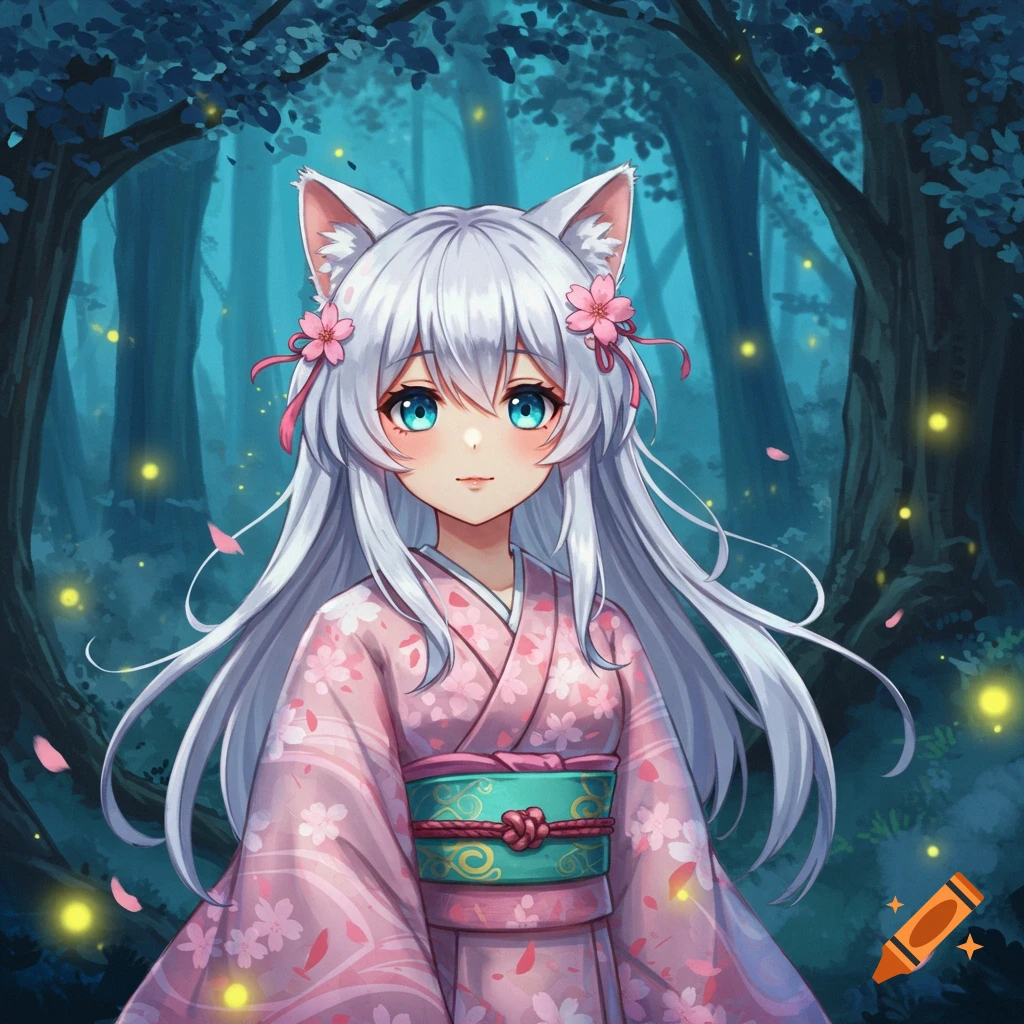 An anime cat girl with long white hair, blue eyes, and cat ears wears a pink kimono in a mystical, dark forest with glowing lights.