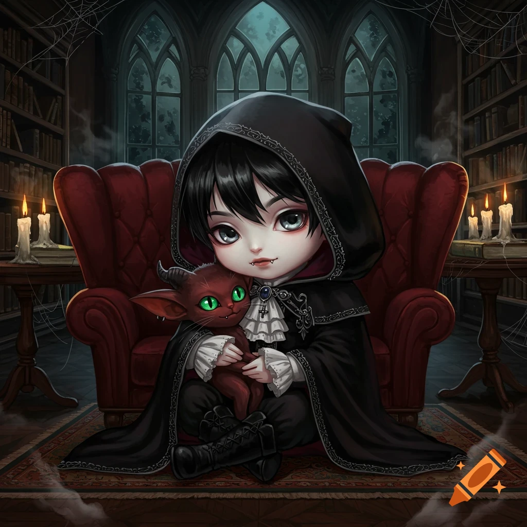 Chibi goth vampire boy in a black cape cuddles a red horned cat-goblin in a dark gothic library.