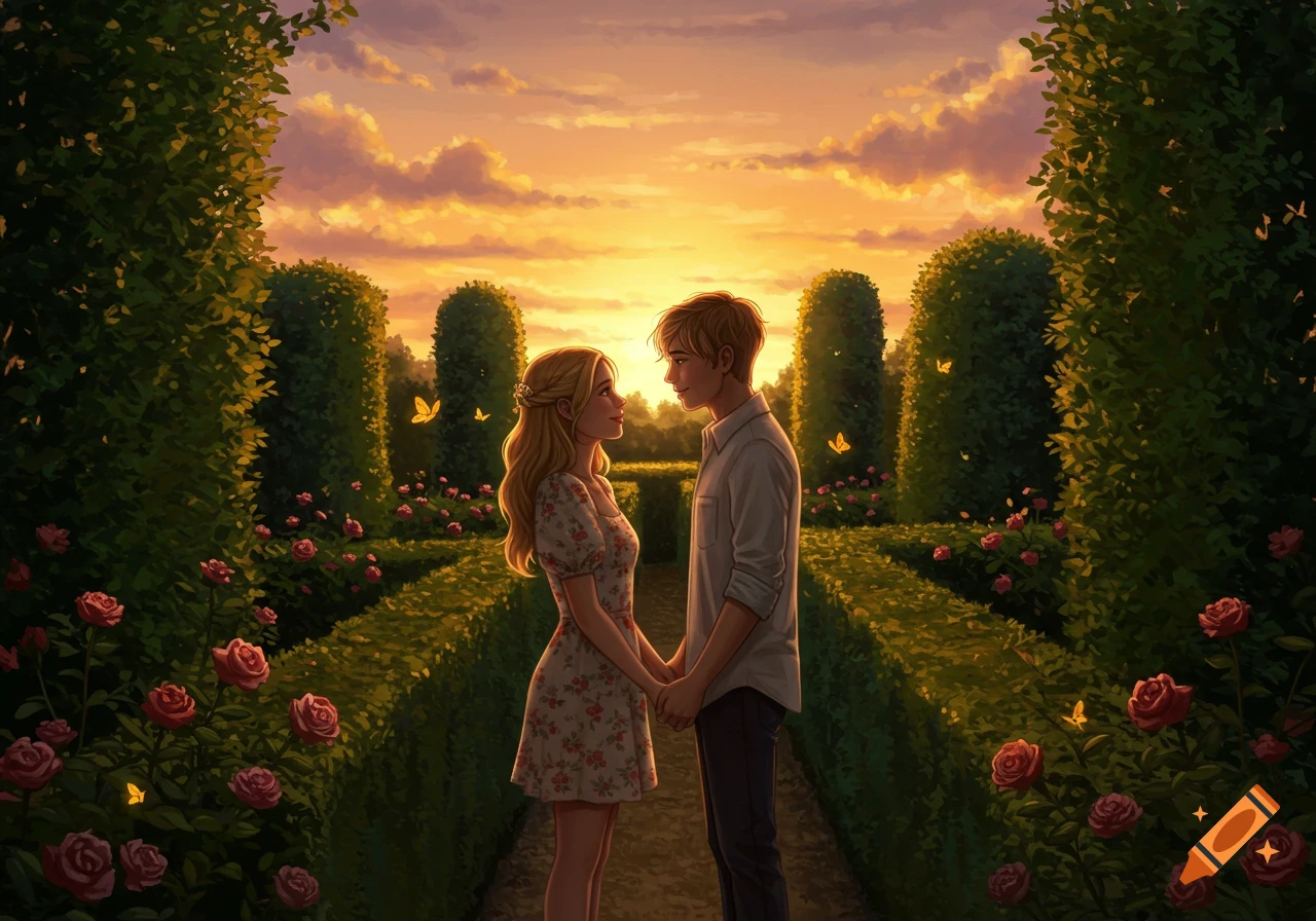 A young couple holding hands and gazing in a lush hedge maze garden with roses and butterflies, bathed in warm sunset light. Digital art.