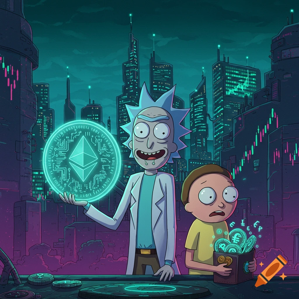 Rick and Morty stand in a futuristic city, Rick holding a glowing Ethereum symbol while Morty holds a box of stylized crypto coins. The city features glowing stock market charts in windows, in a cartoon style.