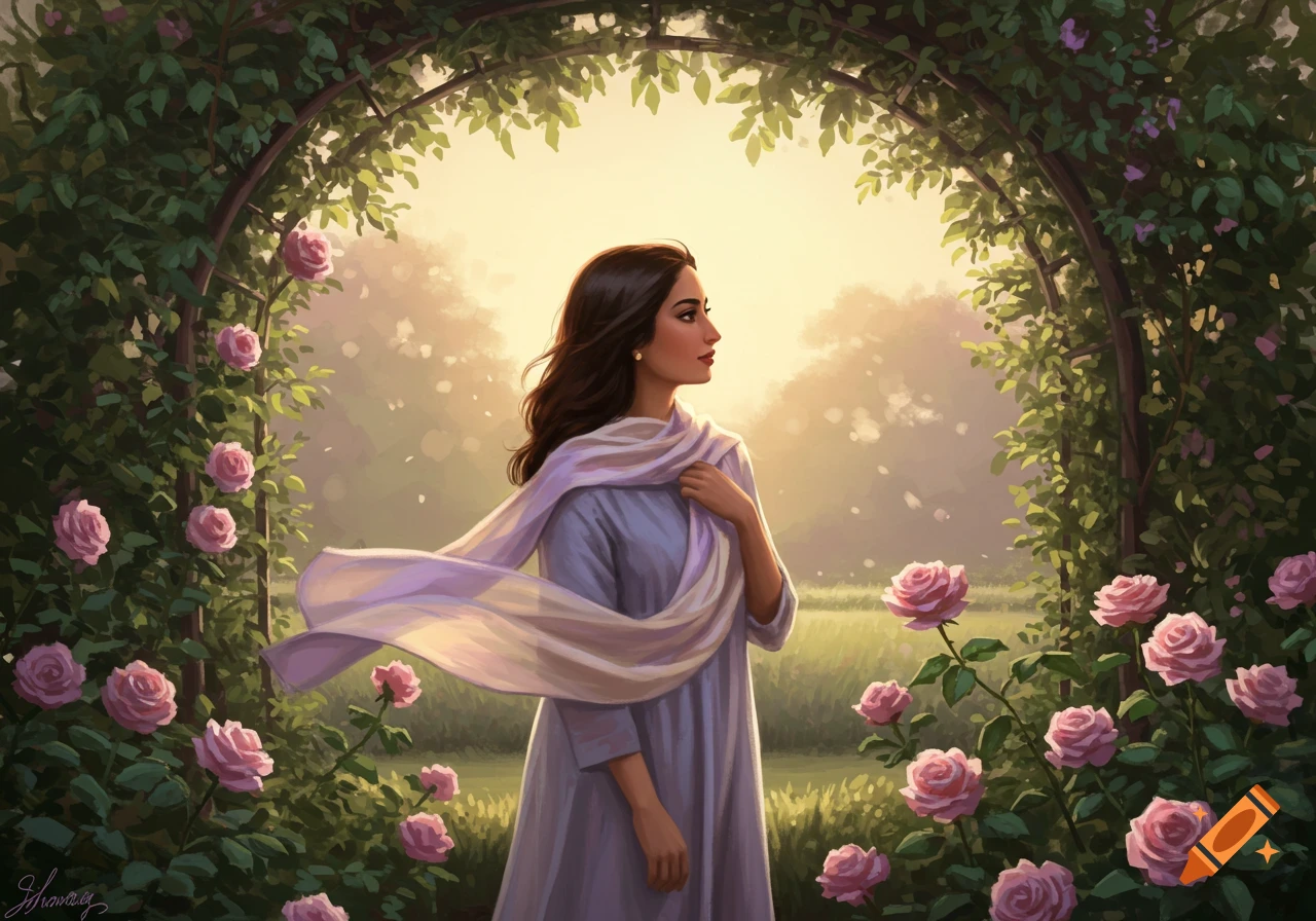 An illustration of a woman with dark hair and a light purple scarf, standing under a rose-covered archway in a sunny garden.