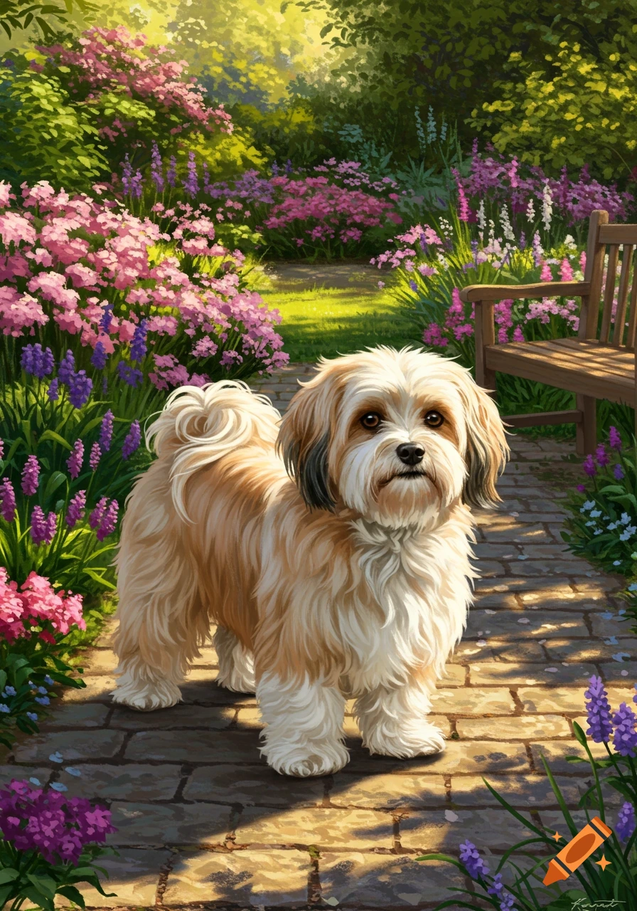 A fluffy Havanese dog stands on a cobblestone path in a vibrant, sunlit garden filled with pink and purple flowers.