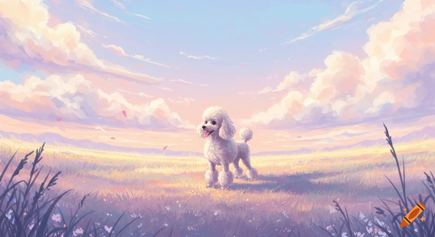 A happy white poodle stands in a vast, pastel-colored field under a sky with fluffy clouds, painted in a dreamy style.