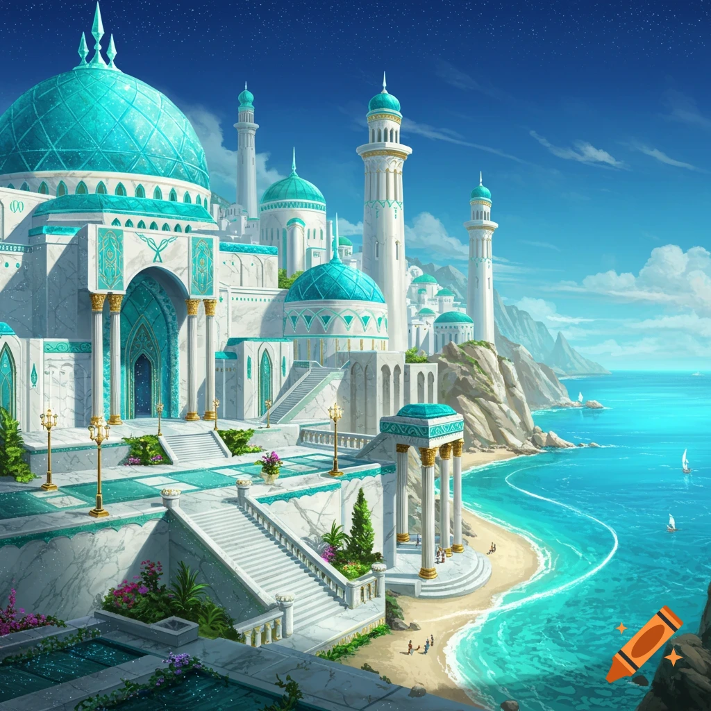 A magical Atlantean-style coastal city with white marble buildings, turquoise domes, and tall spires overlooks a bright blue sea and sandy beach.